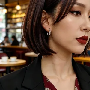 Elegantes pendientes de aro ovalados minimalistas de plata de ley S925 usados por una modelo.
