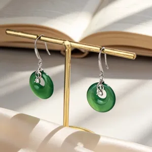 Pendientes Colgantes Elegantes de Plata de Ley 925 Nota Musical Botón Pingan Mujer Ágata Verde Ojo de Gato Blanco