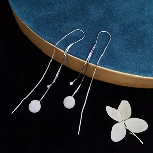 S925 Sterling Zilveren Lange Kwast Oordraad Oorbellen Met Kunstparel Kattenoog Steen Kraal Mode Oorlijn Voor Vrouwen Sieraden