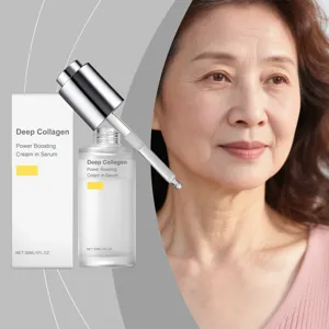 Detail view of the anti-aging collagen facial serum bottle and dropper with skincare model.