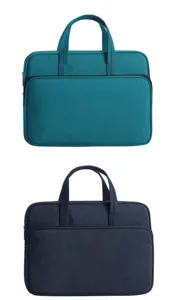 Detailed view of the professional laptop briefcase featuring dual handles and front zipper pocket.