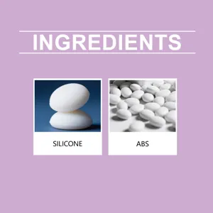 Silicone lip brush material detail infographic showing high quality silicone and ABS parts.
