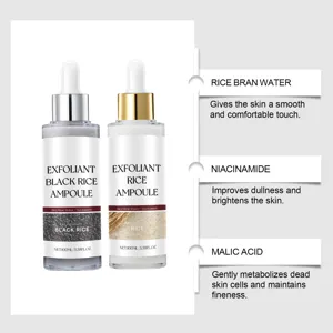 Sérum ampoule exfoliant à l'extrait de riz et niacinamide pour un soin doux et une texture lisse.