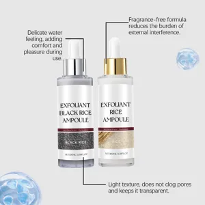 Vue détaillée des flacons ampoules de sérum exfoliant au riz, texture claire et ingrédients.