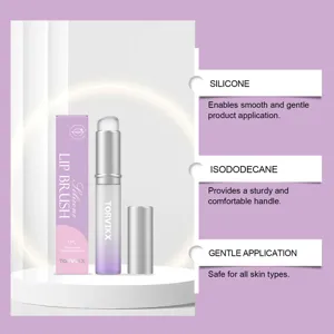 Detail shot of silicone lip brush with elegant packaging box and clean display stand.