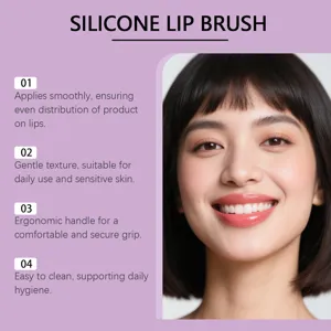Silicone lip brush detail view showing smooth application, soft texture and easy cleaning.