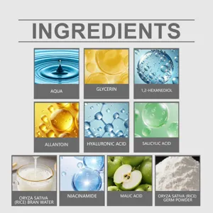 Détail des ingrédients pour essence éclaircissante au riz, présentation des actifs.