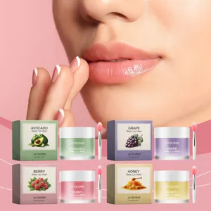 Vue détaillée des pots de masque de nuit pour les lèvres JAYSUING avec spatules et scène.