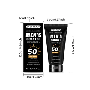 Illustration détaillée de la taille du tube de crème solaire homme East Moon et boîte.