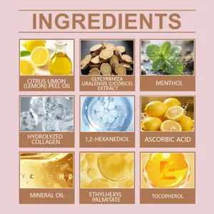 Détails des ingrédients de l'huile à lèvres hydratante avec des extraits de plantes et de soins.