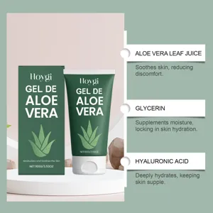 Detail view of aloe vera soothing gel tube and box with ingredient highlights and texture display.