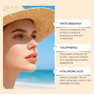 Ενυδατικό lip balm ZEPHOCO με λεπτομέρειες βασικών συστατικών όπως κερί μελισσών.