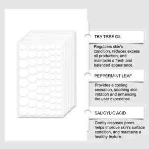 Hydrocolloid acne healing patches infused with tea tree oil, peppermint and salicylic acid.
