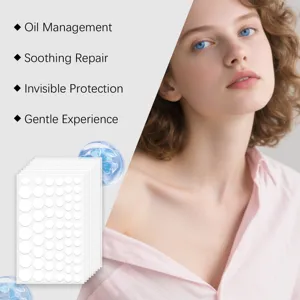 Hydrocolloid acne patch detail view, transparent round dot sticker for invisible blemish care.