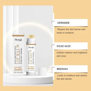 Baume à lèvres solaire HOYGI avec SPF50 PA++++, hydratant intensément et réparant les lèvres.