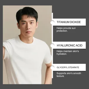 Detail de creme solaire hydratante pour hommes presentant les ingredients actifs et bienfaits.