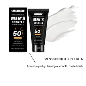 Lotion solaire parfumée pour hommes 50g vue détaillée montrant texture et emballage