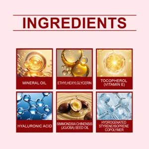 Détail des ingrédients de l'huile à lèvres hydratante avec acide hyaluronique et jojoba.