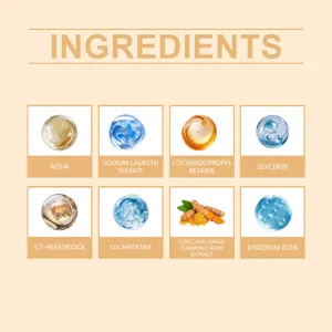 Graphique détaillé des ingrédients du nettoyant visage au curcuma et formules clés.