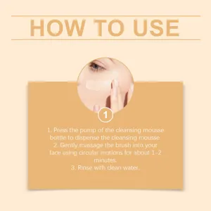 Détail des instructions de la mousse nettoyante montrant application et massage doux du visage.