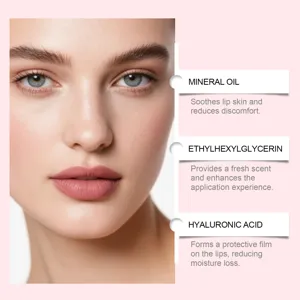 Détail d'huile à lèvres hydratante avec formule douce et ingrédients nourrissants.