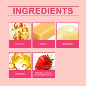Vista detallada de los ingredientes clave de la mascarilla labial con aceite mineral y fresa.