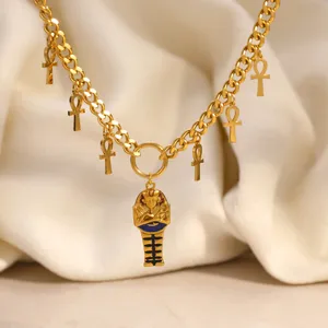 Egyptian pharaoh and ankh cross pendant necklace in gold-plated stainless steel