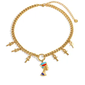 Detailed view of 18k gold plated stainless steel necklace with Nefertiti and Ankh charms