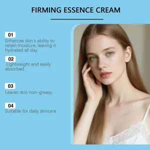 Detail view showing firming essence cream benefits, lightweight texture for daily skin care.