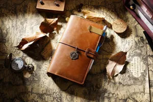 Detailaufnahme des retro braunen Leder-Notizbuchs mit Weltkarte und Kompass-Anhänger.