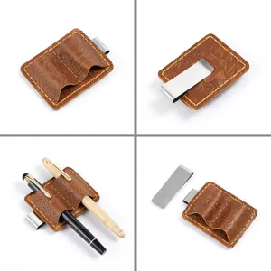 Detailansicht des gepressten Leder Stiftehalters mit Metallclip für Notizbücher.