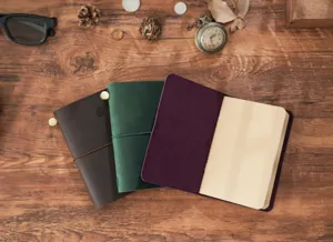 Cuaderno de cuero vintage, diario artesanal con banda elástica y papel kraft.