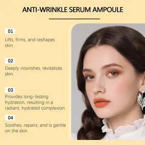 Vue détail de l'ampoule de sérum facial anti-rides montrant les bienfaits hydratants et liftants.