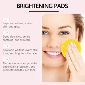 Detailed view of turmeric kojic acid facial cleansing brightening pads in use on skin.