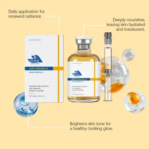 Vue détaillée de l'ampoule de sérum anti-rides Hanchobit avec pipette et gouttes d'eau.