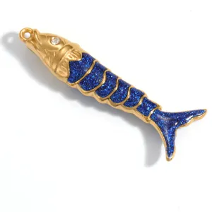 Vergulde roestvrijstalen vis hanger met blauwe glitter emaille voor DIY sieraden