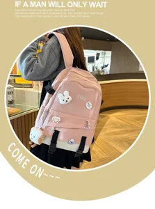Sac à dos décontracté rose et blanc avec breloques mignonnes pour étudiants