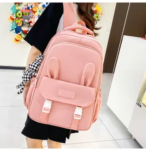 Sac à dos rose mignon avec oreilles de lapin, grande capacité pour étudiantes.