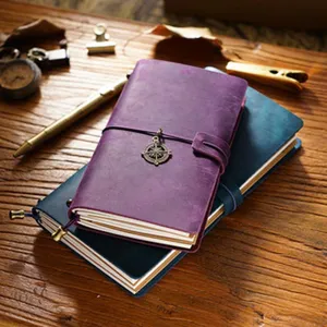 Vintage leather traveler notebook journal set with compass charm, soft cover planner diary book.