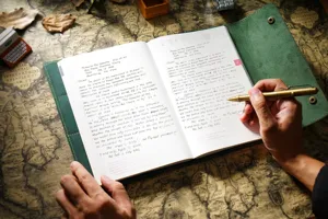 Detailansicht eines grünen Rindsleder Planer Lederumschlags mit Notizbuchseiten und Messingstift.