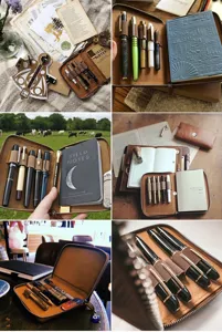 A6 leather zipper notebook cover planner case genuine cowhide pen holder vintage organizer
