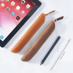Vintage genuine leather pencil case, retro stylus sleeve, sleek stationery organizer pouch.