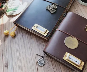 Detailaufnahme von Retro-Messing-Etikettenhaltern und Metallanhängern für Traveler Notizbücher.