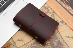 Vintage leather journal notebook with elastic band and metal snap closure for daily writing