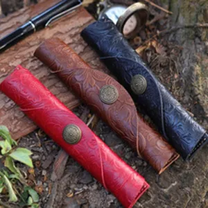 Leather pen sleeve vintage handmade genuine leather pouch for fountain pens detail view