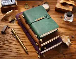 Handmade vintage leather traveler notebook set with brass pen and rustic desktop props.