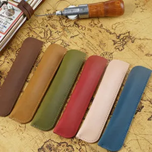 Handmade genuine leather pen sleeve vintage cowhide pouch protector stationery storage case holder