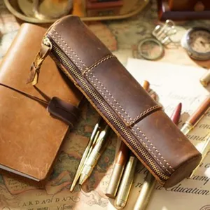 Astuccio per penne vintage in vera pelle marrone, grande borsa per cancelleria con zip.