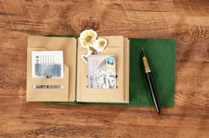 Vintage Echtleder Reise Notizbuch retro Tagebuch Planer mit Kartenfaechern und Stiftehalter.