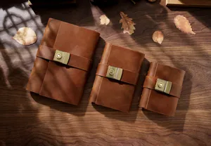 Vintage handmade genuine leather journal with brass combination lock, three sizes detail view.